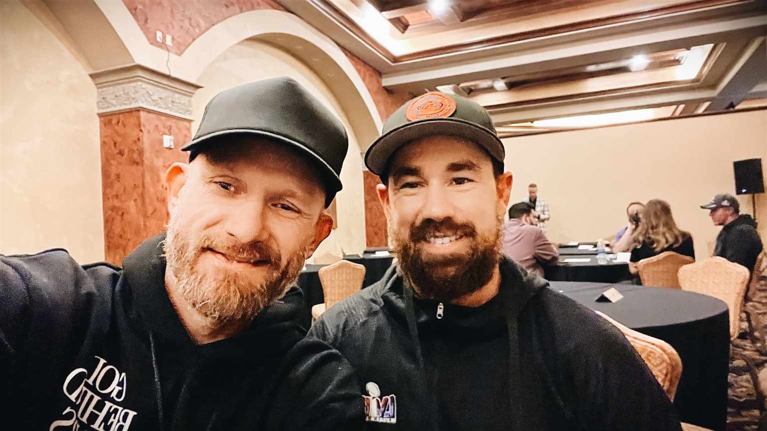 Justin Howard with Klint Kubiak during Super Bowl LVIII media week