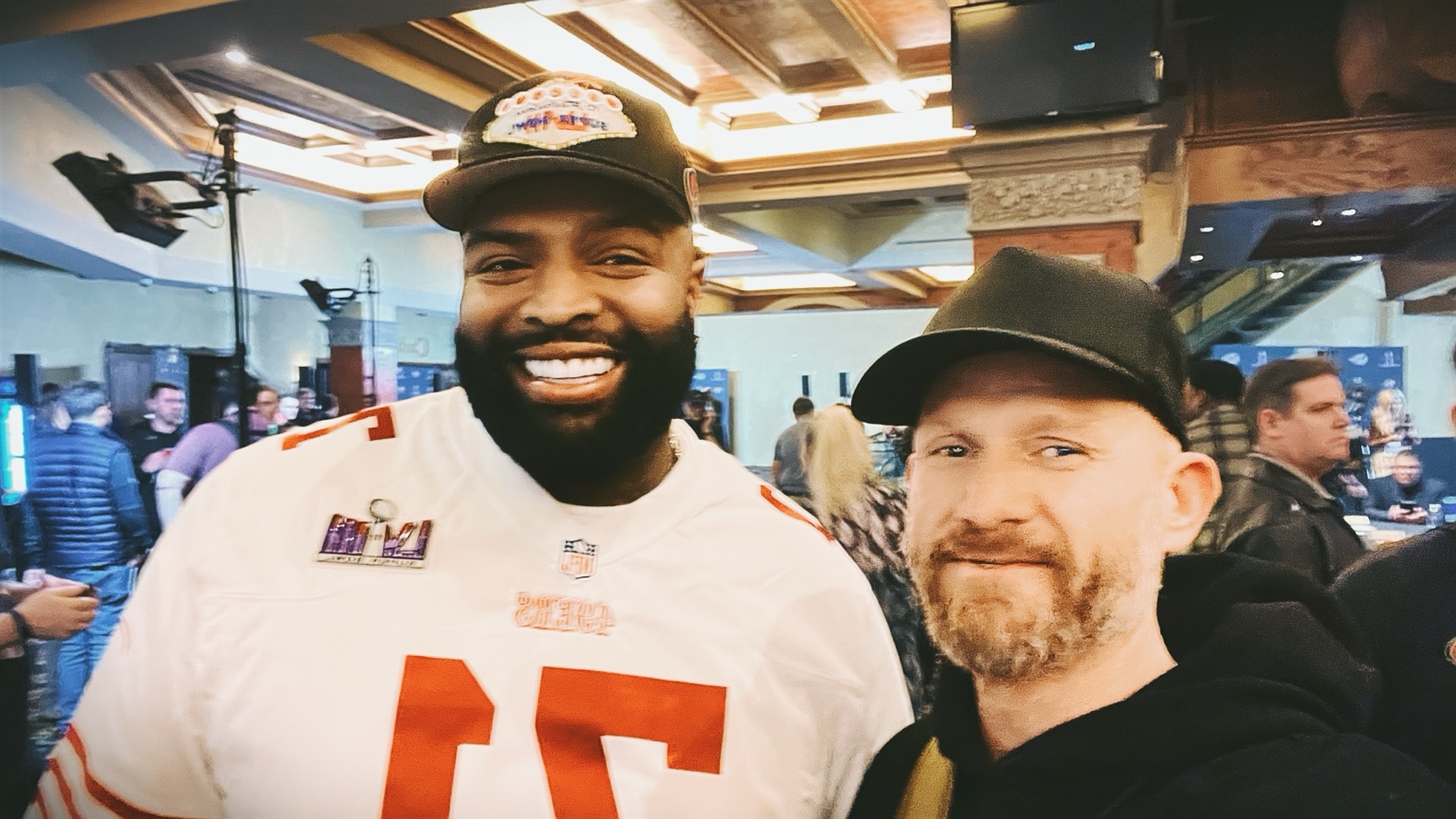 Justin Howard with Trent Williams during Super Bowl LVIII media week