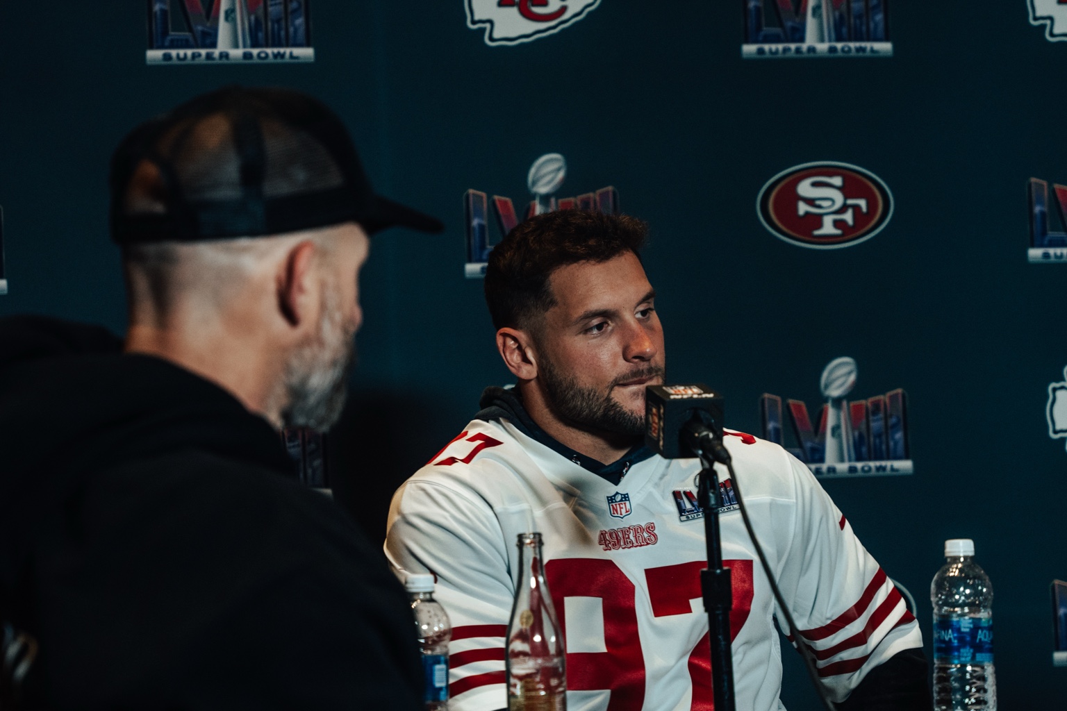 Justin Howard interviewing Nick Bosa at Super Bowl LVIII
