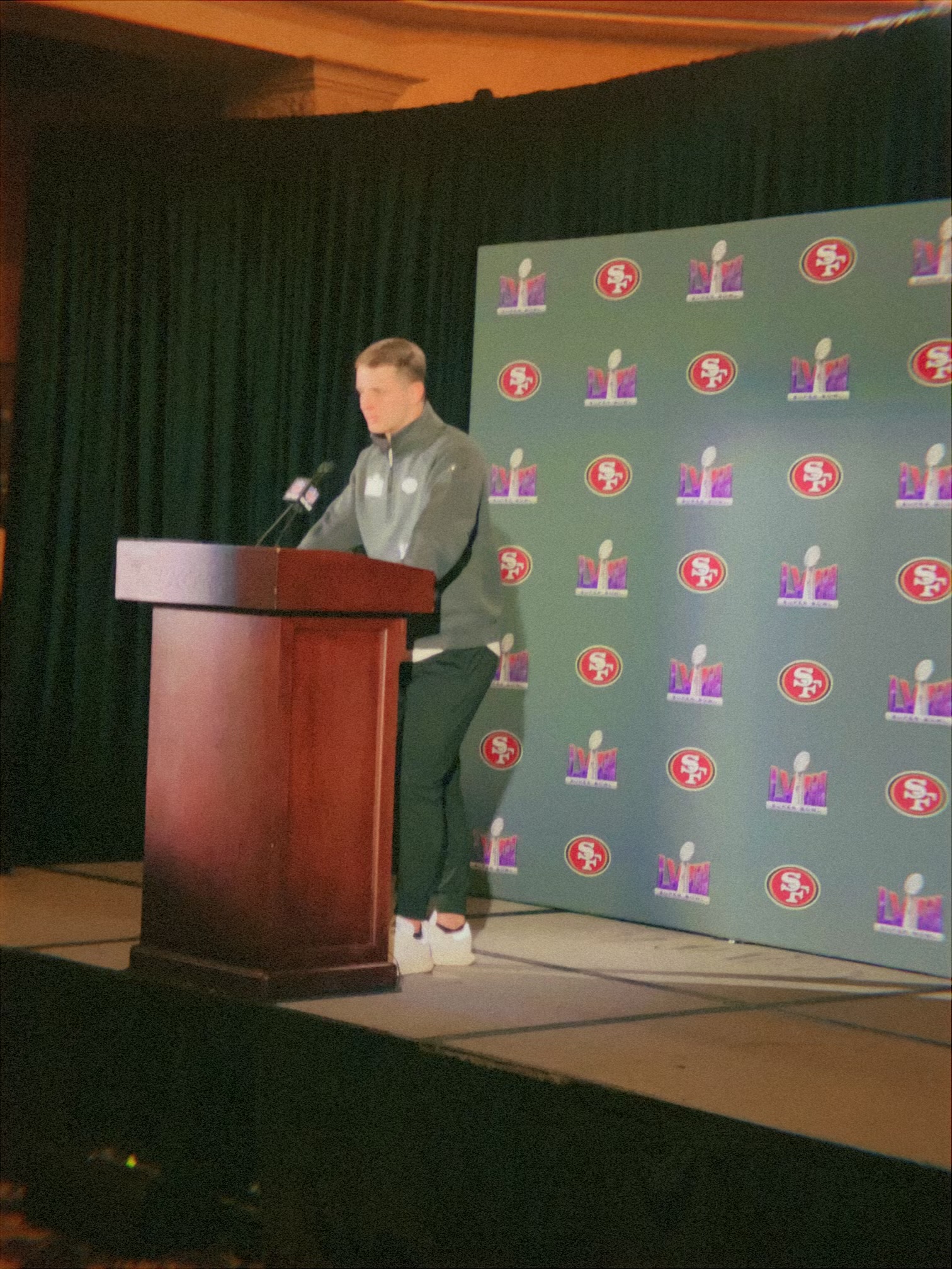 Brock Purdy during a Super Bowl LVIII media interview