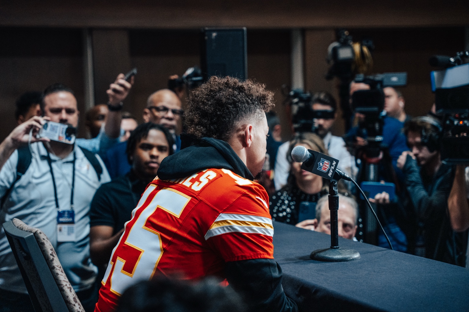 Patrick Mahomes during a Super Bowl LVIII media interview