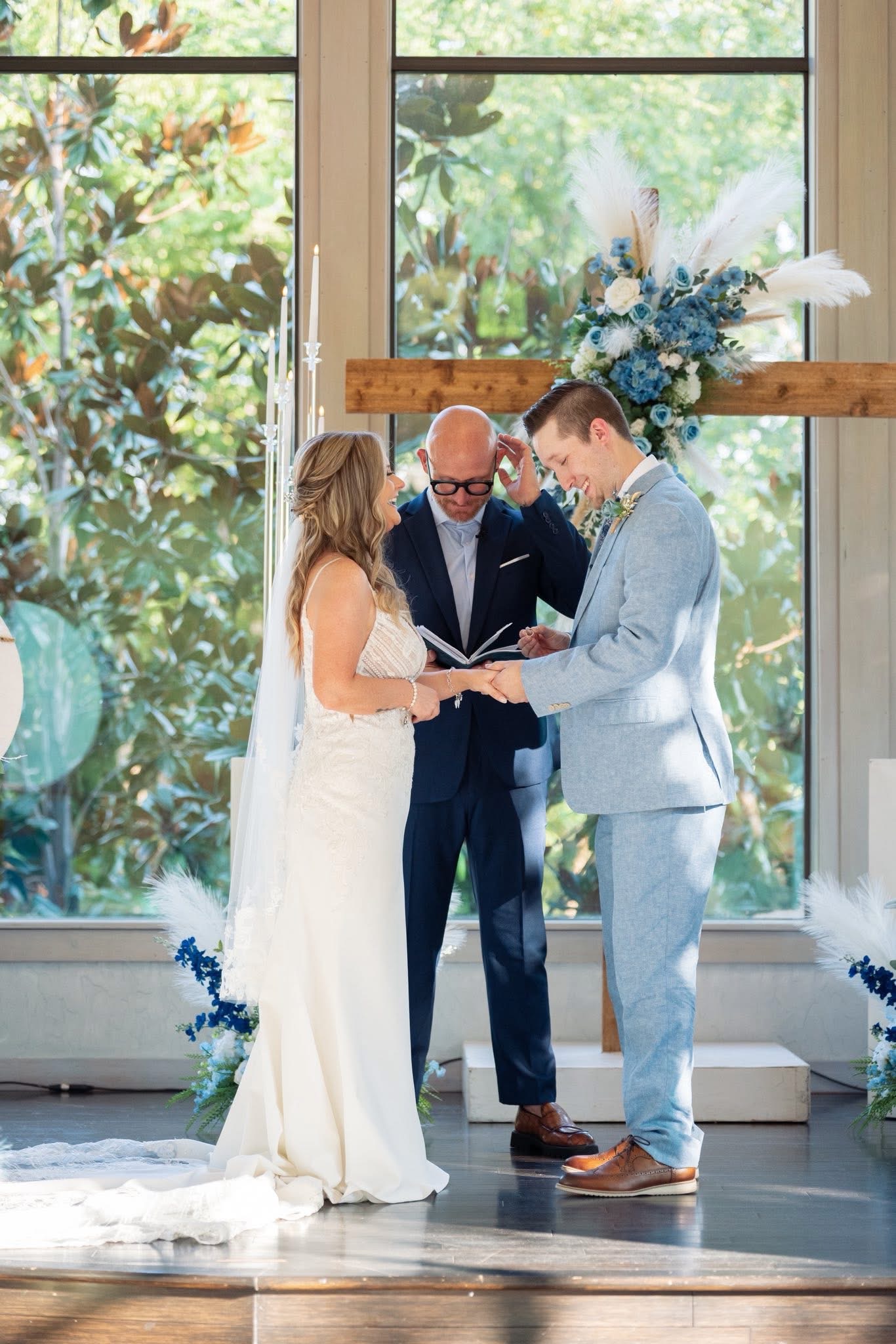 A joyful moment during a wedding ceremony officiated by Justin Howard